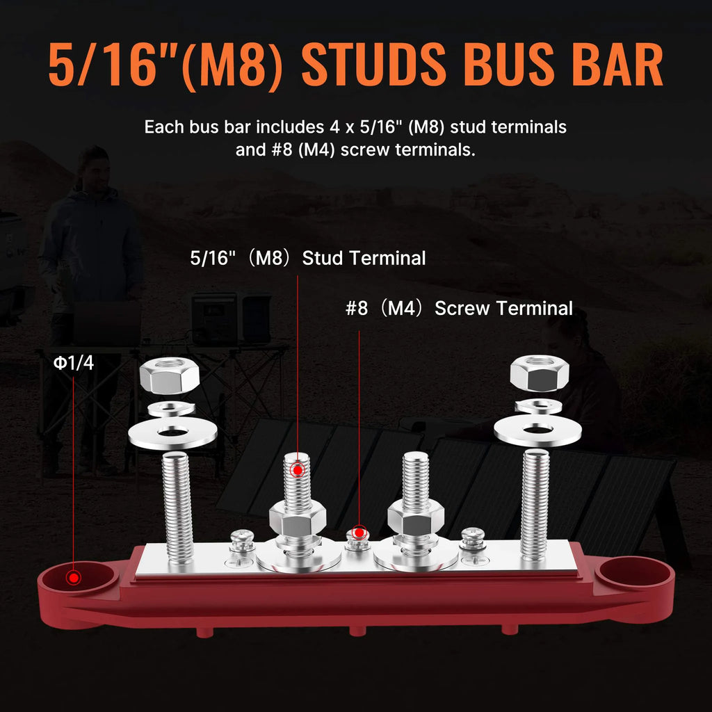 Stroomverdeler Set 250A — 4× M8 + 3× M4 Busbar Rood + Zwart (12–48V DC)