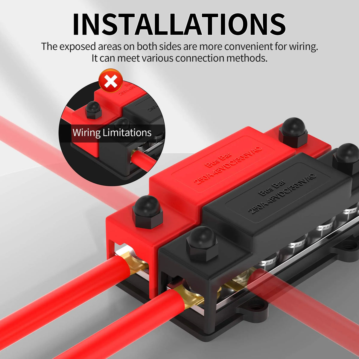 Stroomverdeler 250A — 12× M8 Busbar Plus/Min Blok (12–48V DC)