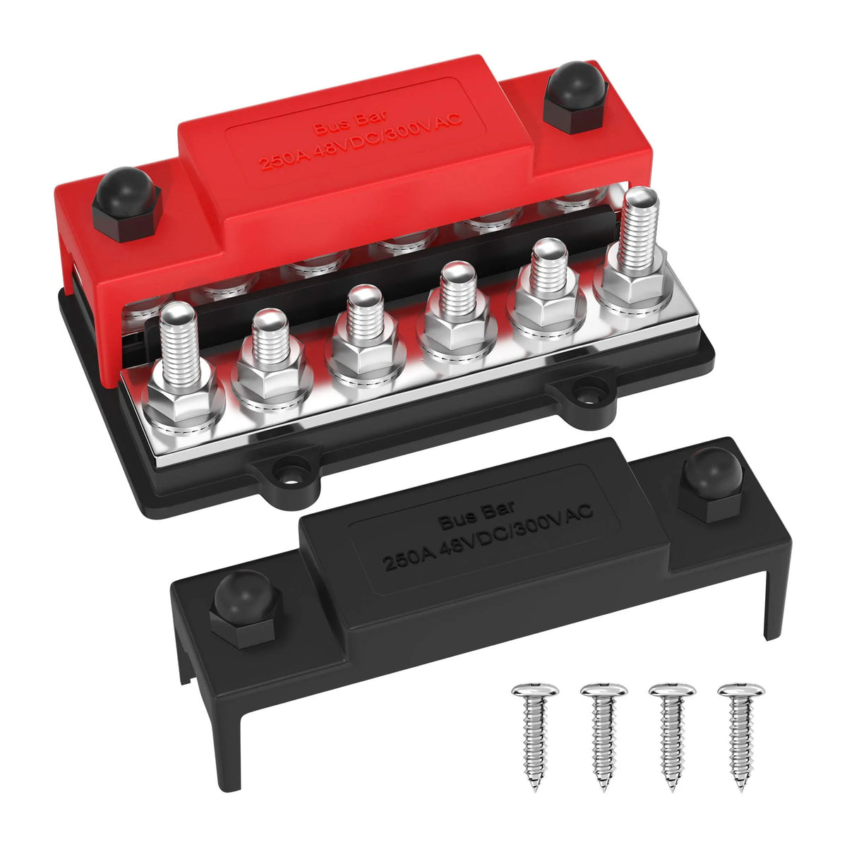 Stroomverdeler 250A — 12× M8 Busbar Plus/Min Blok (12–48V DC)
