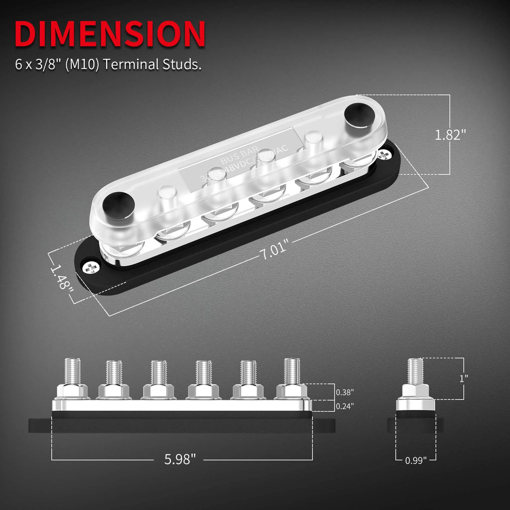 Stroomverdeler Set 300A — 6× M8 Busbar Rood + Zwart (12–48V DC)